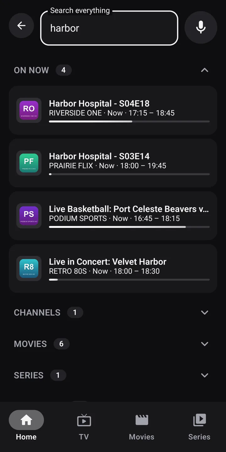Recherche sur téléphone : émissions en ce moment, chaînes, films et séries.
