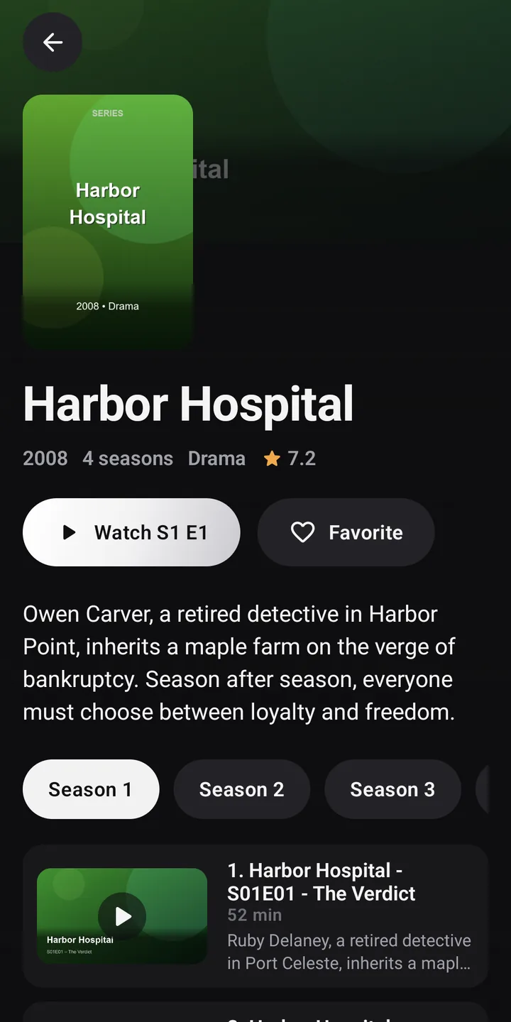 Fiche d’une série sur téléphone : bouton pour regarder l’épisode, saisons et liste des épisodes.