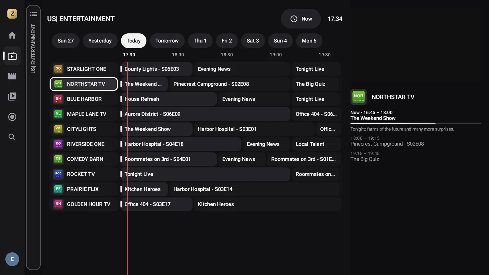 Guide des programmes sur téléviseur : grille des émissions par chaîne, avec la barre de l’heure actuelle.