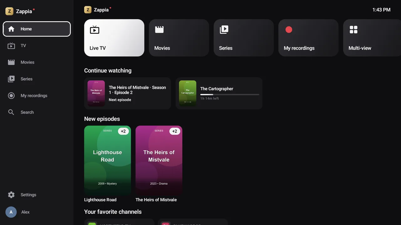 Het menu links opengeklapt, op een tv.
