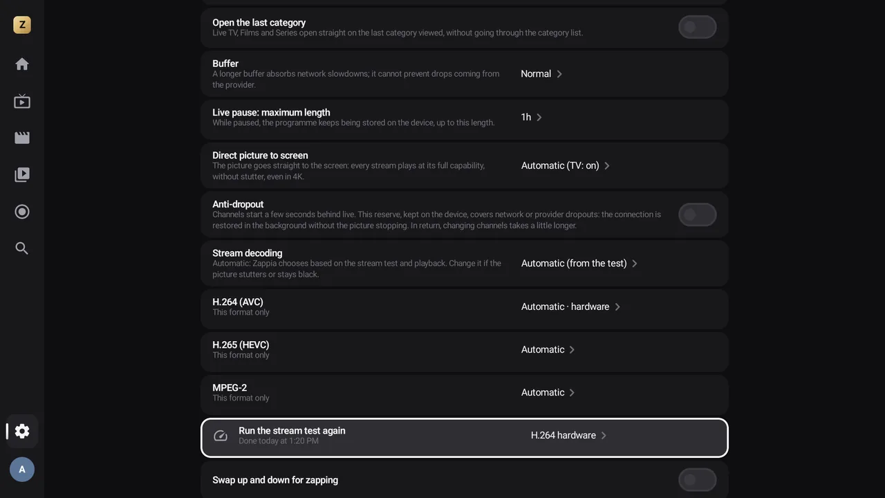 Die Stream-Decodierung und, im Expertenmodus, die Einstellung Format für Format.