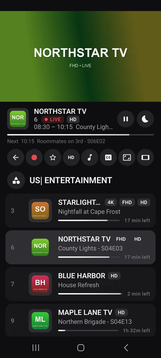 Il player in diretta su uno smartphone, in verticale.