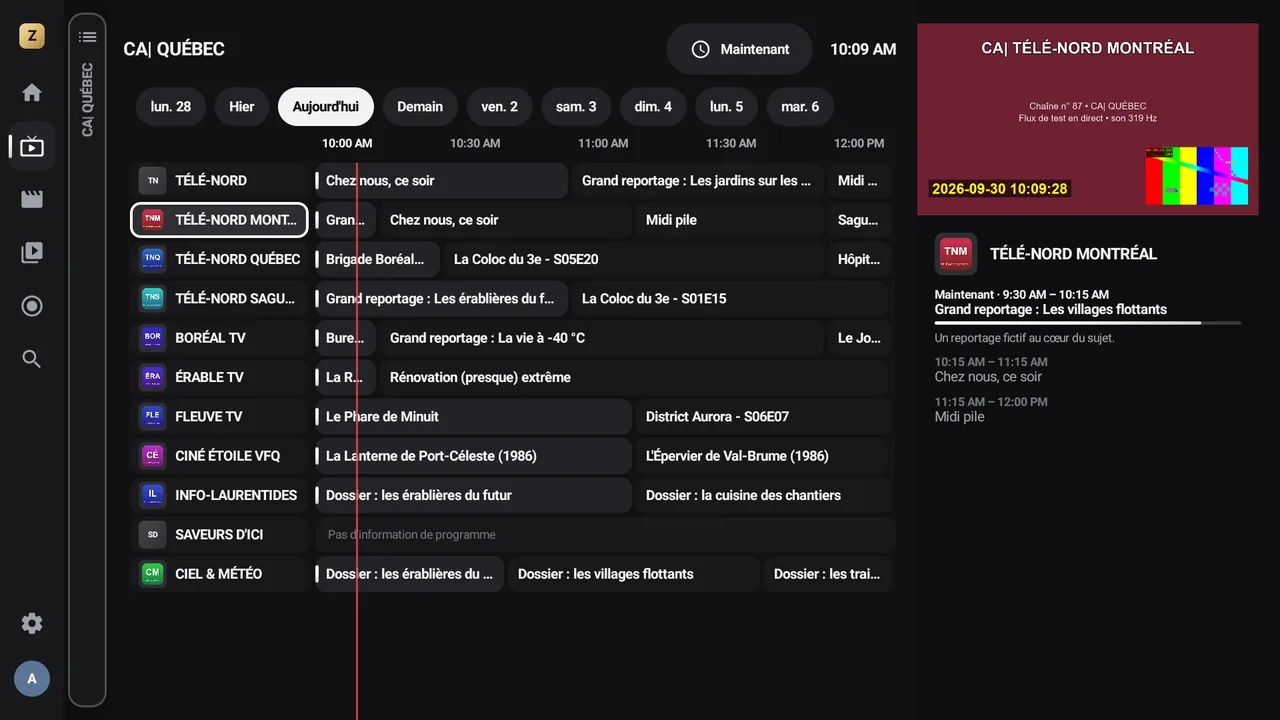 Guide des programmes sur téléviseur : grille des émissions par chaîne, avec la barre de l’heure actuelle.