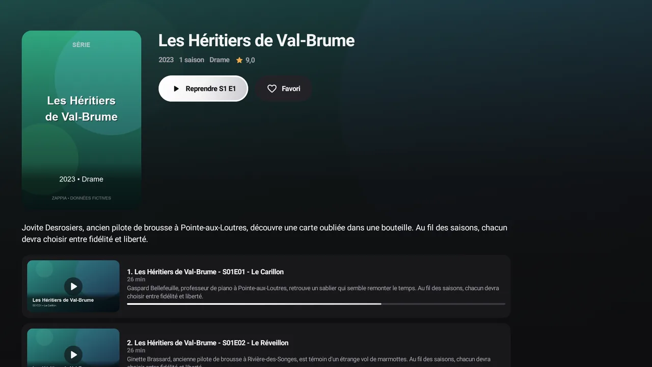 Fiche d’une série sur téléviseur : affiche, résumé, saisons et épisodes.