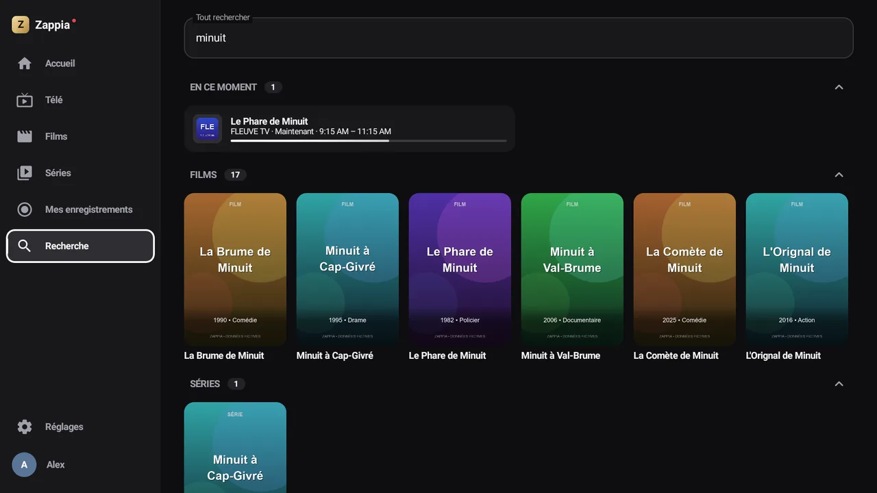 Résultats de recherche sur téléviseur : émissions en cours, chaînes et films.