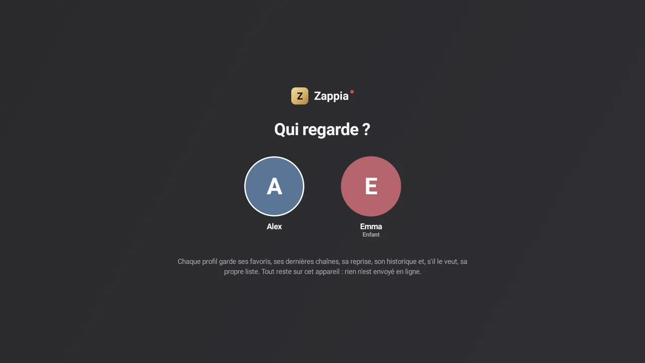 Écran « Qui regarde ? » avec quatre profils, dont un profil enfant.
