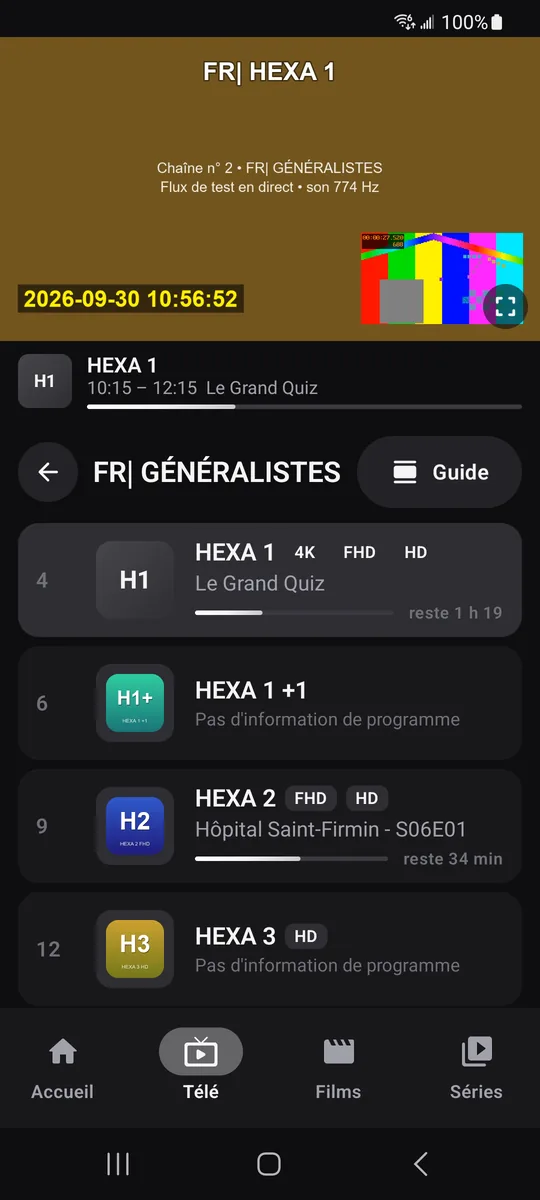 Télé en direct sur un téléphone : aperçu de la chaîne en haut, liste des chaînes avec le programme en cours.